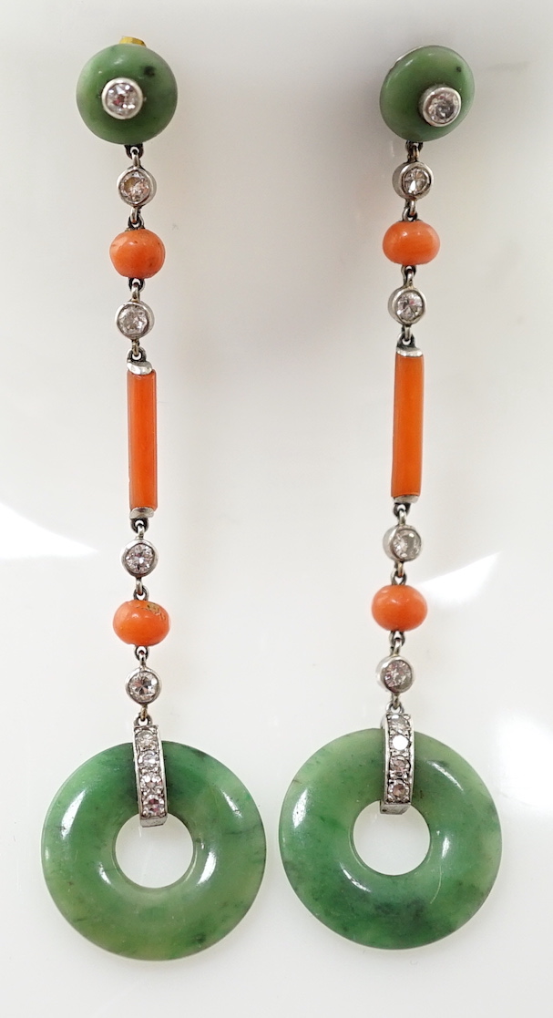 A pair of Art Deco Marzo platinum?, jadeite disc, coral and diamond set drop earrings